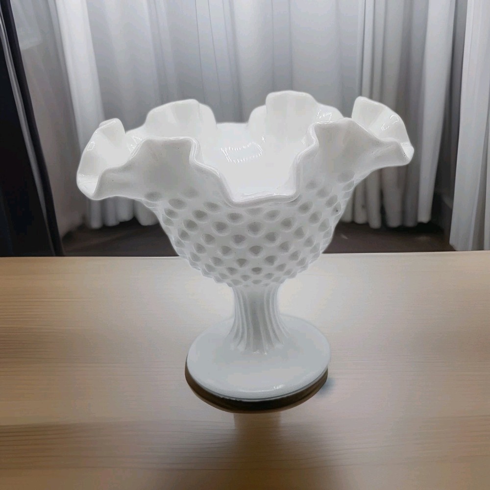 Fenton White Milk Glass Hobnail Ruffled Edge Candy Dish Pedestal Compote Bowl